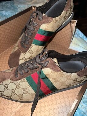 Gucci Brown GG Canvas Sneakers with Green and Red Web Stripe